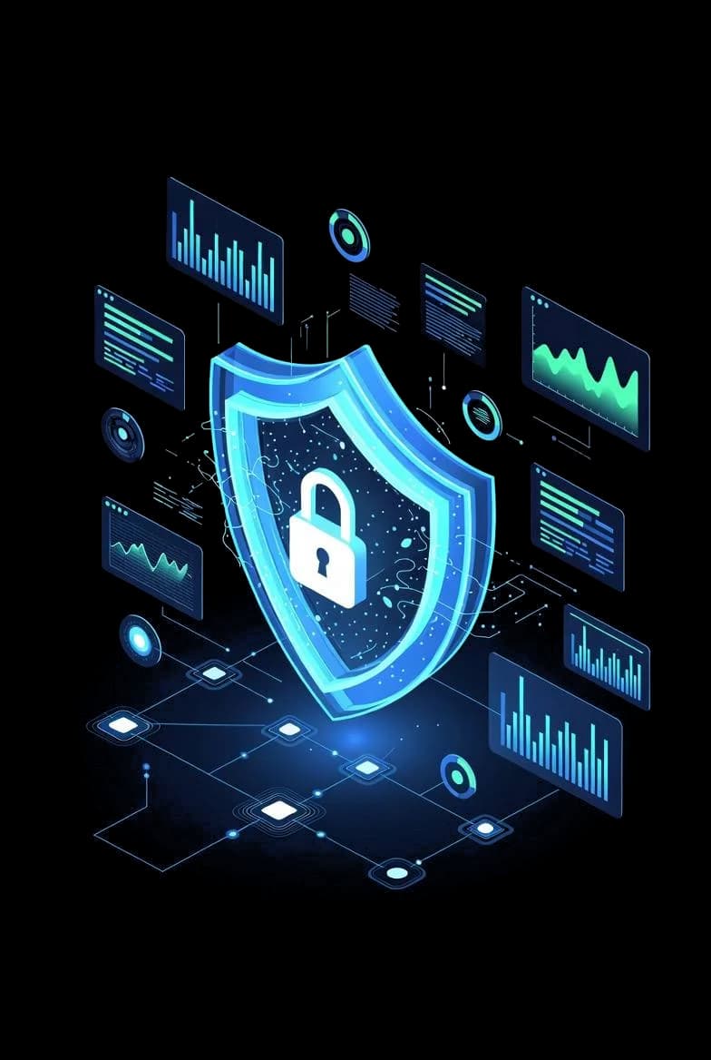 Cybersecurity shield with security dashboards and network monitoring
